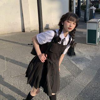 Short-sleeve Plain Shirt / Plain Pleated Pinafore Dress