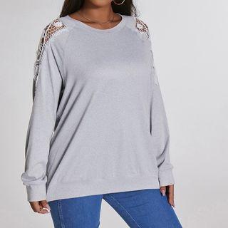 Plus Size Crew Neck Lace Panel Plain Sweatshirt