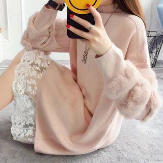 Mock-neck Faux-fur Trim Long-sleeve Knit Dress