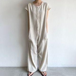 Short-sleeve Round-neck Plain Jumpsuit Almond - One Size