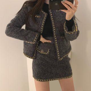 Long-sleeve Contrast Trim Tweed Coat + High-waist Contrast Trim Skirt