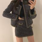 Long-sleeve Contrast Trim Tweed Coat + High-waist Contrast Trim Skirt