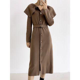 Long-sleeve Belted Button-up Midi A-line Dress