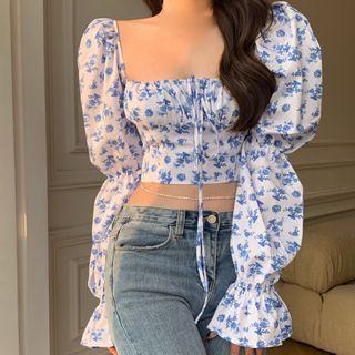 Long-sleeve Floral Print Tie-front Crop Top