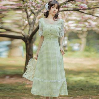 Short-sleeve Check Lace Trim Midi A-line Dress