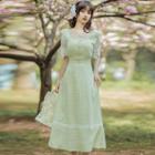 Short-sleeve Check Lace Trim Midi A-line Dress