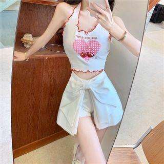 Contrast Trim Halter-neck Tank Top / High-waist Bow Shorts