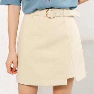 Asymmetrical Hem A-line Skirt With Belt