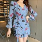 3/4-sleeve Printed Mini Wrap Dress
