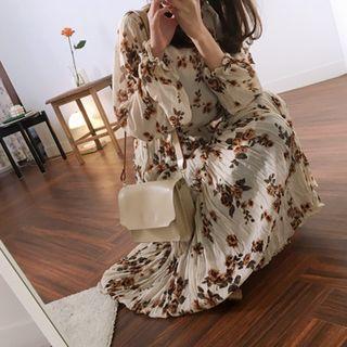Frill-trim Crinkled Long Floral Dress