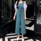 Elbow-sleeve Cold Shoulder Wide-leg Jumpsuit