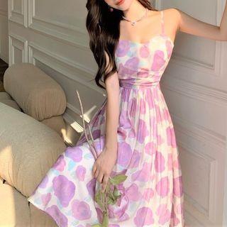 Spaghetti Strap Print Midi Dress / Plain Cardigan