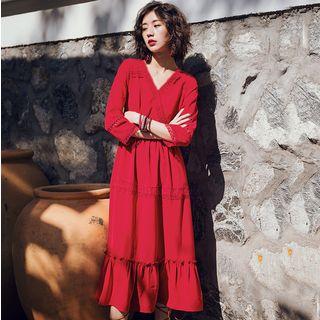 V-neck 3/4-sleeve A-line Midi Sundress