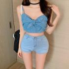 Denim Bow Cropped Camisole Top Blue - One Size