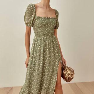 Short Puff Sleeve French Square Collar Floral Side-vent Dress