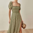 Short Puff Sleeve French Square Collar Floral Side-vent Dress