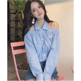 Gingham Cold Shoulder Long-sleeve Shirt