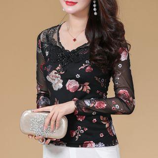 Long-sleeve Embroidered Floral Mesh Top