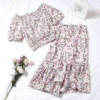 Set: Off-shoulder Floral Top + Midi Floral Chiffon Skirt