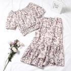 Set: Off-shoulder Floral Top + Midi Floral Chiffon Skirt