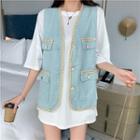 Elbow-sleeve Tunic T-shirt / Braided Buttoned Vest