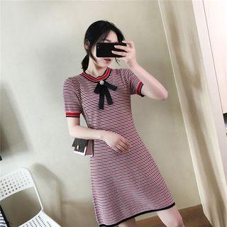 Short-sleeve Striped Tie-neck Knit Dress