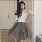 Set: Short-sleeve Off Shoulder Top + Sheer A-line Skirt
