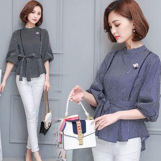 Striped Elbow-sleeve Tie-waist Blouse