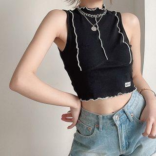 Sleeveless High Neck Contrast Trim Crop Top