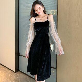 Cold-shoulder Mesh-sleeve Velvet A-line Dress