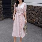 Collared Floral Print Short-sleeve Midi A-line Dress Pink - M
