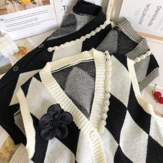 Rose-accent Argyle Button-up Knit Vest
