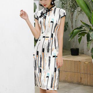 Cap-sleeve Mandarin Collar Printed Midi Sheath Dress