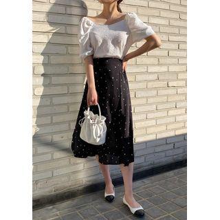Set: Puff-sleeve Textured Top + Dotted A-line Midi Skirt White - One Size