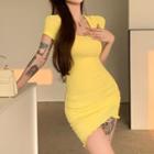 Short-sleeve Lace Up Mini Sheath Dress Yellow - One Size