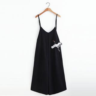 Crane Embroidered Spaghetti Strap Pinafore Jumpsuit