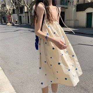 Spaghetti-strap Floral Embroidered Midi A-line Dress