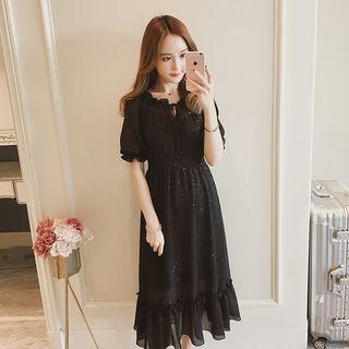 Elbow-sleeve V-neck Star Print Dress