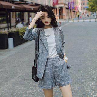 Set: Plaid 3/4-sleeve Blazer + Shorts