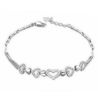 14k Italian White Gold Hearts In Polished Finished And Diamond Cut Segment Bracelet (6.5), Women Jewelry In Gift Box