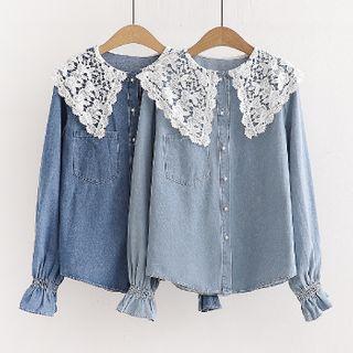 Lace Collar Flared-cuff Denim Shirt