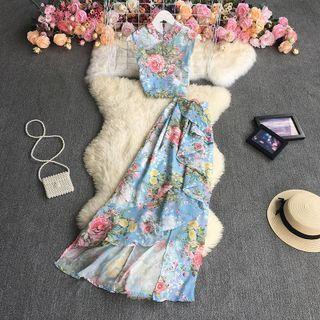 Set: Sleeveless Floral Top + Ruffle Trim Midi A-line Skirt