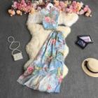 Set: Sleeveless Floral Top + Ruffle Trim Midi A-line Skirt