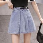 Buckled Pleated Denim Mini A-line Skirt
