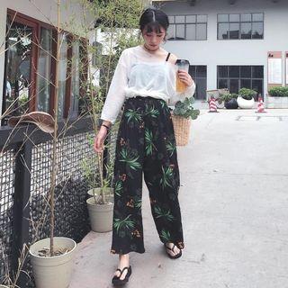 Plain Sheer 3/4 Sleeve T-shirt / Leaf Print Wide Leg Pants