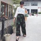 Plain Sheer 3/4 Sleeve T-shirt / Leaf Print Wide Leg Pants
