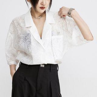 Elbow-sleeve Print Sheer Shirt