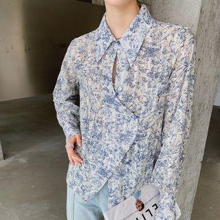 Floral Print Irregular Shirt Blue Floral - White - One Size