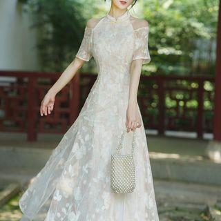 Elbow-sleeve Cold-shoulder Midi A-line Qipao Dress