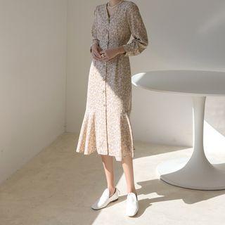 Tie-waist Ruffle-hem Long Floral Dress Beige - One Size